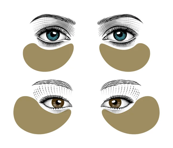 スキンケア ハイドロゲル眼パッチ 目の周りの皮膚のためのリフトマスク 東の女の子を ヴィンテージプリント様式の図面 ベクターイラスト — ストックベクタ