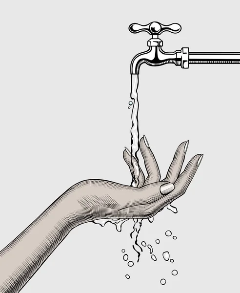 Hand öffnet Wasserhahn und Frau wäscht Hand. — Stockvektor