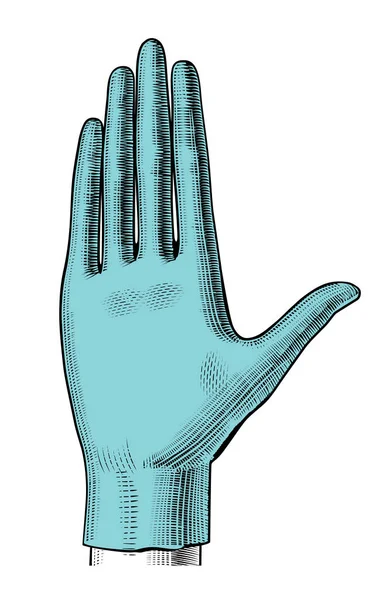 Eine Frauenhand in einem blauen Gummihandschuh. — Stockvektor