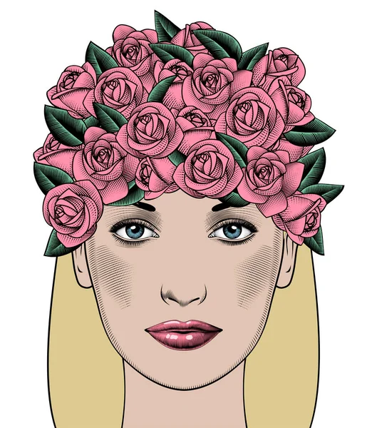 Das Gesicht einer jungen Frau mit Rosen. — Stockvektor