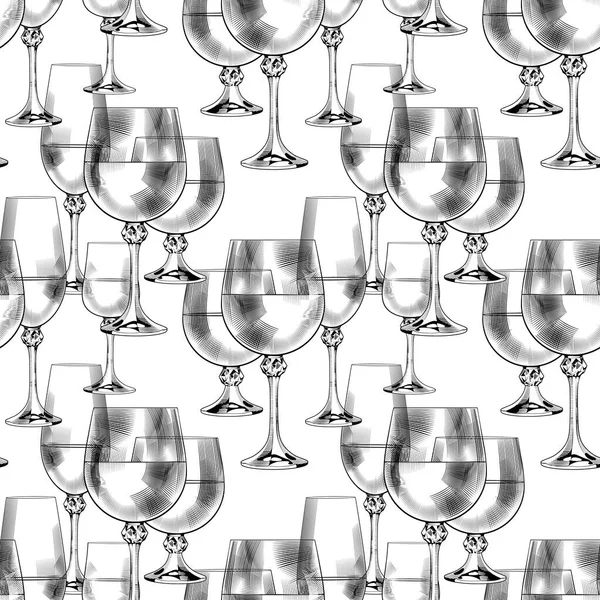 Wine glasses black and white seamless background. — Stock Vector