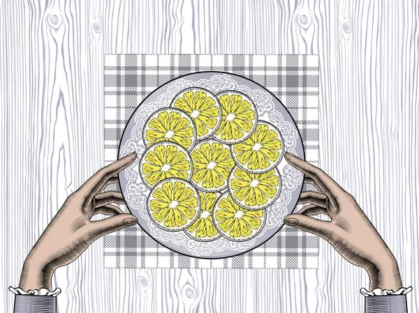 Mani Con Piatto Limoni Freschi Affettato Limone Piatto Disegno Stilizzato — Vettoriale Stock