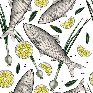 Beyaz arka planda izole edilmiş taze balık. Taze soğan, limon ve taze balıktan oluşan pürüzsüz bir arka plan. Şekillendirilmiş bir çizimin antik renk oyması. Vektör illüstrasyonu.