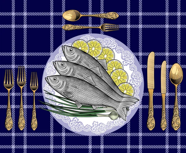 Fisk Med Skivad Citron Regnbågsöring Tallrik Affisch För Italiensk Restaurang — Stock vektor