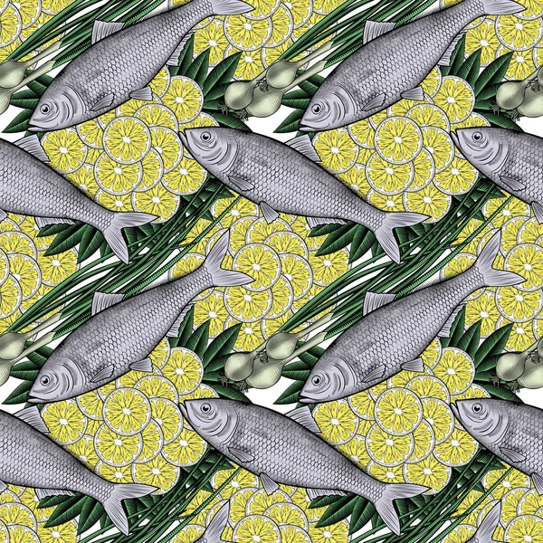 Poisson Citron Tranché Fond Sans Couture Avec Truite Arc Ciel — Image vectorielle