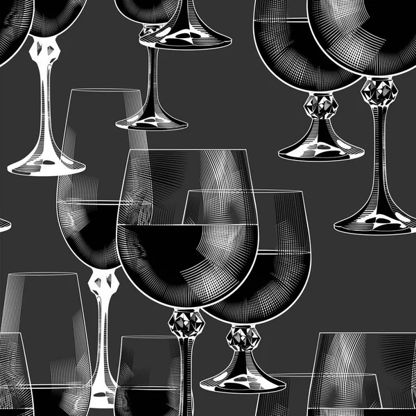 ワイングラスのシームレスな背景 赤と白のワイン ヴィンテージ彫刻黒と白の様式化された図面 ベクターイラスト — ストックベクタ