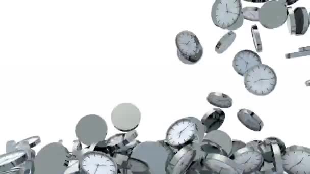 many clocks fall on white background, 3d animation