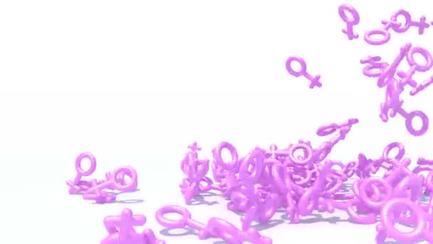 viele weibliche Symbole fallen auf weißem Hintergrund, 3D-Animation