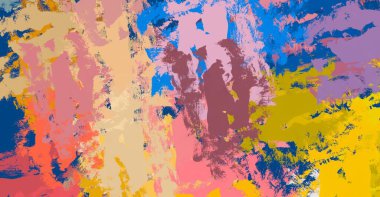 Soyut arka plan sanatı. 2D çizim. Etkileyici yağlı boya resim. Tuvalde fırça darbeleri. Modern sanat. Çok renkli arkaplan. Çağdaş sanat. İfade. Sanatsal dijital palet.