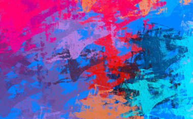 Soyut arka plan sanatı. 2D çizim. Etkileyici yağlı boya resim. Tuvalde fırça darbeleri. Modern sanat. Çok renkli arkaplan. Çağdaş sanat. İfade. Sanatsal dijital palet.