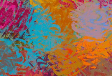 Soyut arka plan sanatı. 2D çizim. Etkileyici yağlı boya resim. Tuvalde fırça darbeleri. Modern sanat. Çok renkli arkaplan. Çağdaş sanat. İfade. Sanatsal dijital palet.