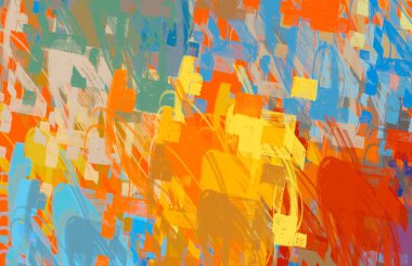 Soyut arka plan sanatı. 2D çizim. Etkileyici yağlı boya resim. Tuvalde fırça darbeleri. Modern sanat. Çok renkli arkaplan. Çağdaş sanat. İfade. Sanatsal dijital palet.