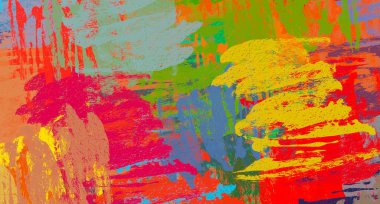 Soyut arka plan sanatı. 2D çizim. Etkileyici yağlı boya resim. Tuvalde fırça darbeleri. Modern sanat. Çok renkli arkaplan. Çağdaş sanat. İfade. Sanatsal dijital palet.