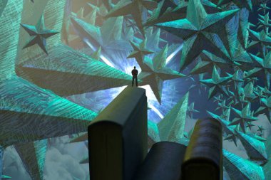 İnsan silueti ve yıldızlı soyut arkaplan