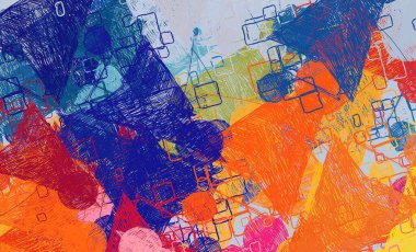 Soyut arka plan sanatı. 2D çizim. Etkileyici yağlı boya resim. Tuvalde fırça darbeleri. Modern sanat. Çok renkli arkaplan. Çağdaş sanat. İfade. Sanatsal dijital palet.