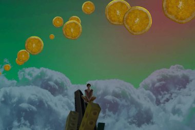 İnsan silueti ve portakallı soyut arkaplan