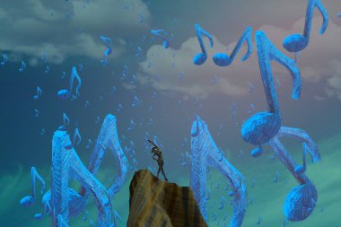 İnsan silueti ve notlarla soyut arkaplan