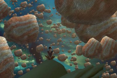 İnsan silueti ve soyut biçimlerle soyut arkaplan 