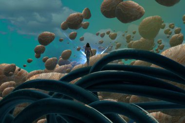 İnsan silueti ve soyut biçimlerle soyut arkaplan  