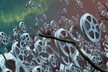 İnsan silueti ve filmlerle soyut arkaplan