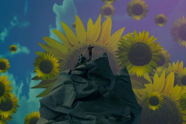 İnsan silueti ve ayçiçekleriyle soyut bir arkaplan