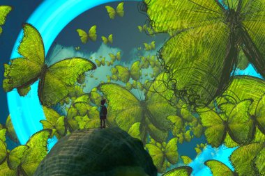 İnsan silueti ve kelebeklerle soyut bir arka plan 