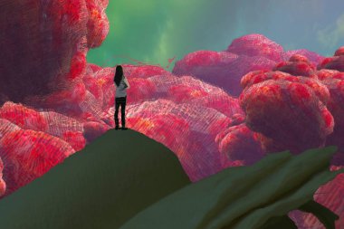 İnsan silueti ve kırmızı soyut biçimlere sahip soyut arkaplan 