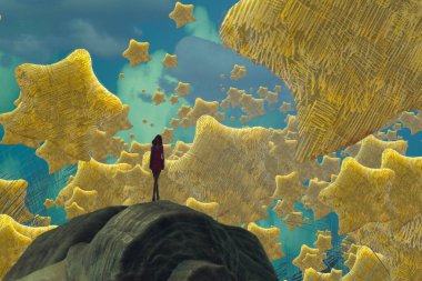 İnsan silueti ve yıldızlı soyut arkaplan