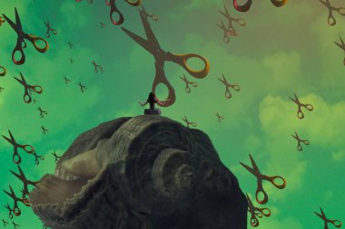 İnsan silüeti ve makasıyla soyut arkaplan