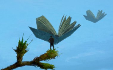 İnsan silueti ve kitaplarla soyut bir arkaplan 