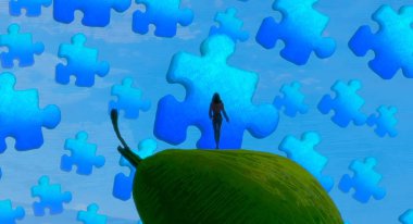 İnsan silueti ve bulmaca parçalarıyla soyut arkaplan 