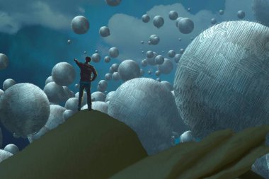 İnsan silueti ve topları ile soyut arkaplan