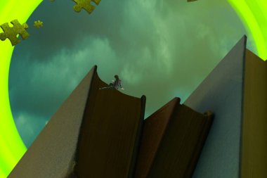 İnsan silueti ve bulmaca parçalarıyla soyut arkaplan 