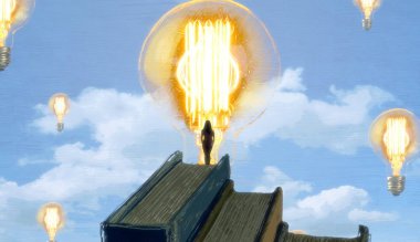 İnsan silueti ve ampullerle soyut arkaplan