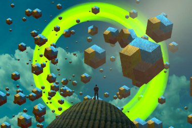 İnsan silueti ve soyut biçimlerle soyut arkaplan 