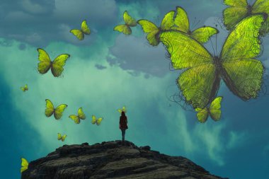 İnsan silueti ve kelebeklerle soyut bir arka plan