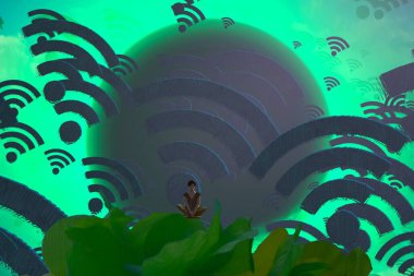 İnsan silueti ve kablosuz ağ işaretli soyut arkaplan 