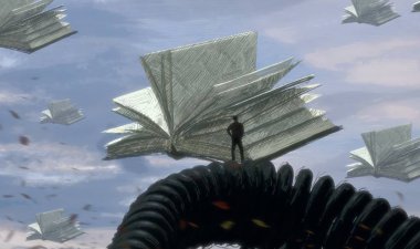 İnsan silueti ve kitaplarla soyut bir arkaplan