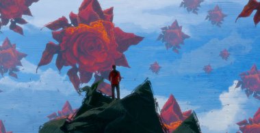 İnsan silueti ve güllerle soyut bir arkaplan