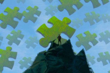 İnsan silueti ve bulmaca parçalarıyla soyut arkaplan      