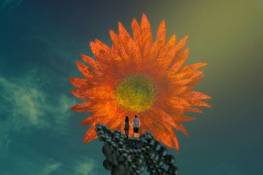 İnsan silueti ve çiçeklerle soyut bir arkaplan 