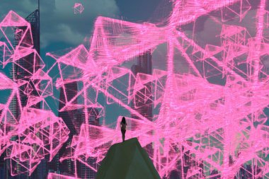 İnsan silueti ve soyut biçimlerle soyut arkaplan  