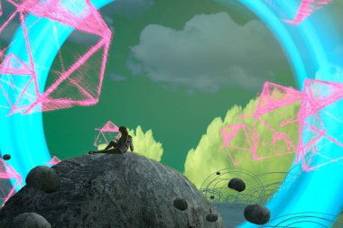 İnsan silueti ve soyut biçimlerle soyut arkaplan  