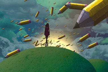 İnsan silueti ve kalemlerle soyut bir arkaplan