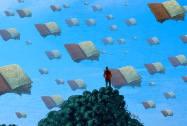 İnsan silueti ve kitaplarla soyut bir arkaplan 