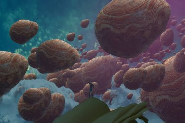 İnsan silueti ve soyut biçimlerle soyut arkaplan 