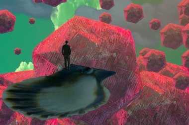 İnsan silueti ve soyut biçimlerle soyut arkaplan  