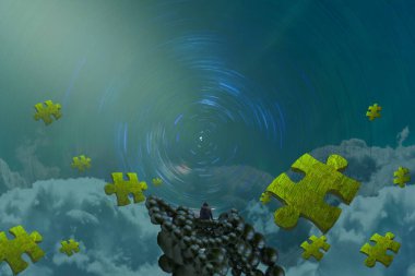 İnsan silueti ve bulmaca parçalarıyla soyut arkaplan 