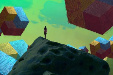 İnsan silueti ve soyut biçimlerle soyut arkaplan 