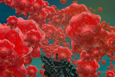 İnsan silueti ve kırmızı soyut biçimlere sahip soyut arkaplan 